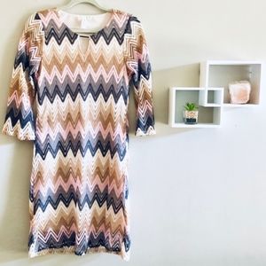 Tacera Pink Chevron Lace Mid Sleeve Dress